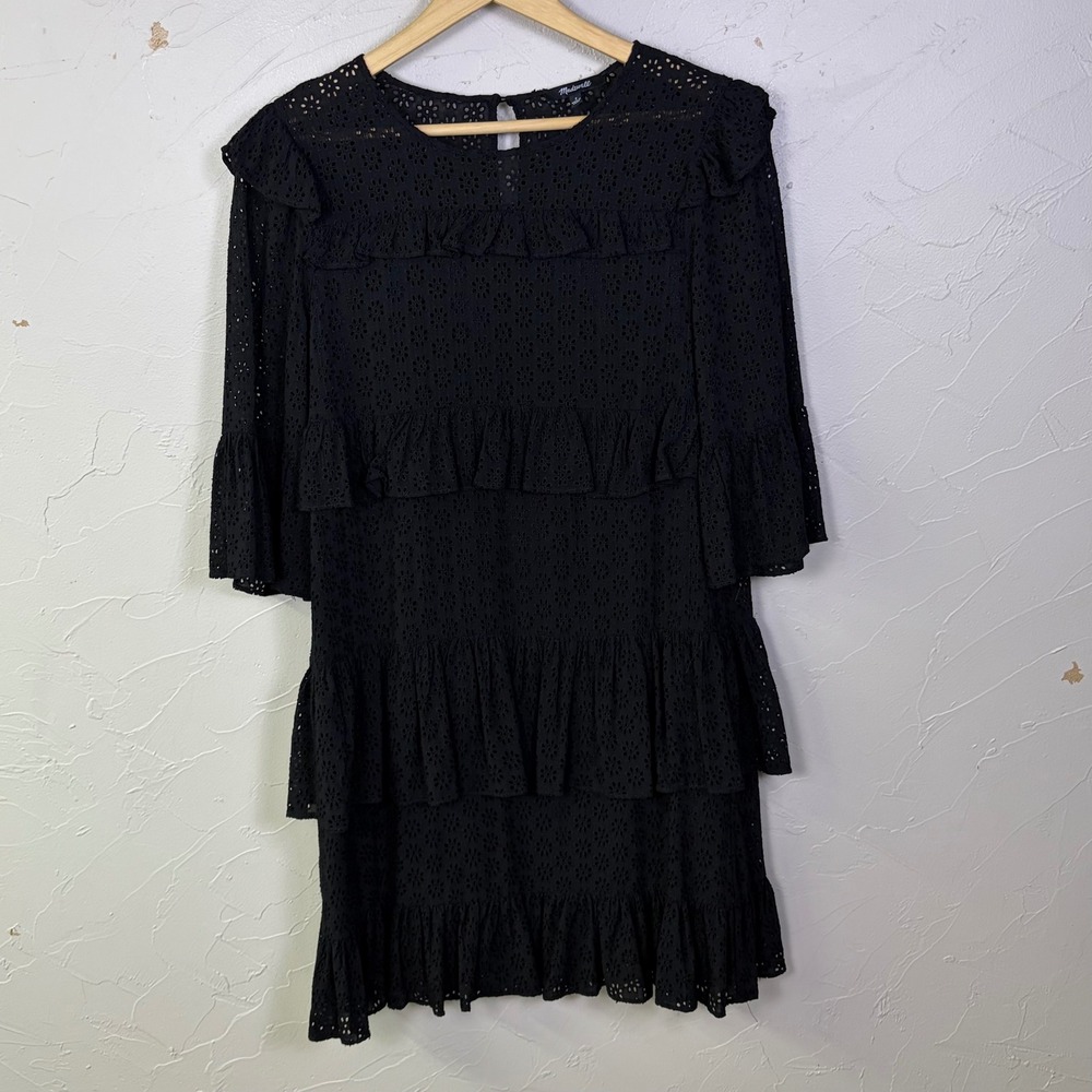 Madewell Eyelet Ruffle Tiered Mini Dress Women 2 Black Flutter Sleeve Boho Chic